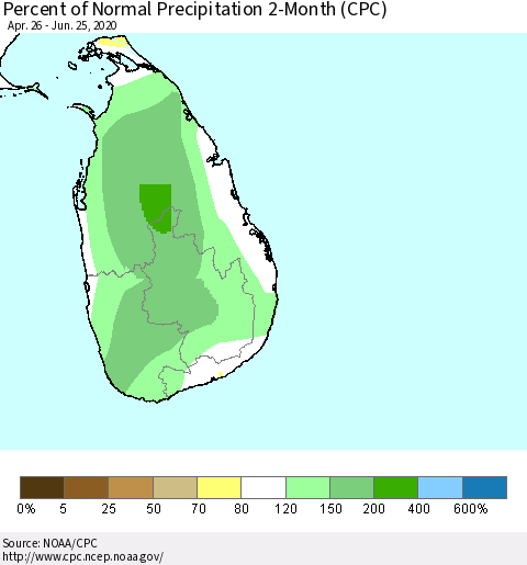 Sri Lanka Percent of Normal Precipitation 2-Month (CPC) Thematic Map For 4/26/2020 - 6/25/2020