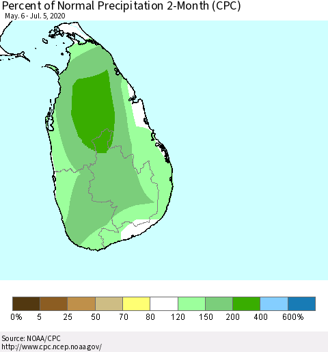 Sri Lanka Percent of Normal Precipitation 2-Month (CPC) Thematic Map For 5/6/2020 - 7/5/2020