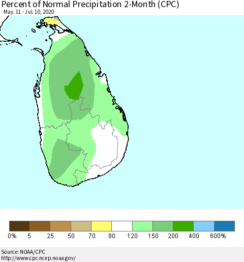 Sri Lanka Percent of Normal Precipitation 2-Month (CPC) Thematic Map For 5/11/2020 - 7/10/2020
