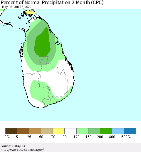 Sri Lanka Percent of Normal Precipitation 2-Month (CPC) Thematic Map For 5/16/2020 - 7/15/2020