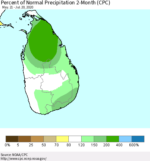 Sri Lanka Percent of Normal Precipitation 2-Month (CPC) Thematic Map For 5/21/2020 - 7/20/2020