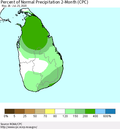 Sri Lanka Percent of Normal Precipitation 2-Month (CPC) Thematic Map For 5/26/2020 - 7/25/2020