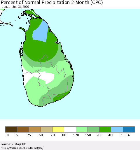 Sri Lanka Percent of Normal Precipitation 2-Month (CPC) Thematic Map For 6/1/2020 - 7/31/2020