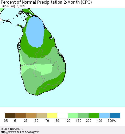 Sri Lanka Percent of Normal Precipitation 2-Month (CPC) Thematic Map For 6/6/2020 - 8/5/2020
