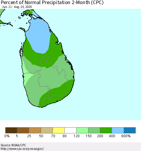 Sri Lanka Percent of Normal Precipitation 2-Month (CPC) Thematic Map For 6/11/2020 - 8/10/2020