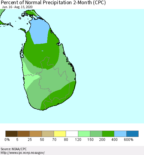 Sri Lanka Percent of Normal Precipitation 2-Month (CPC) Thematic Map For 6/16/2020 - 8/15/2020