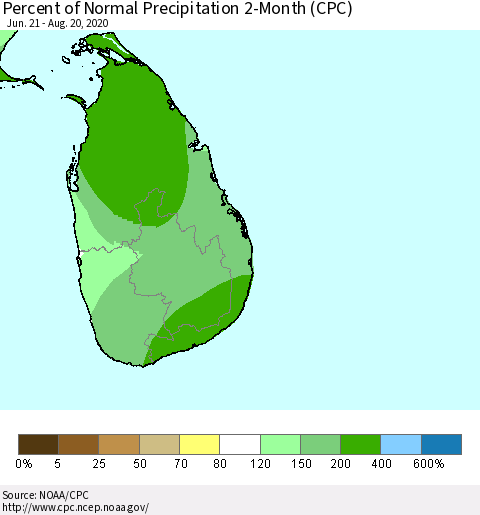 Sri Lanka Percent of Normal Precipitation 2-Month (CPC) Thematic Map For 6/21/2020 - 8/20/2020