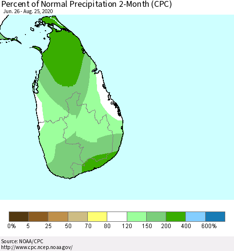 Sri Lanka Percent of Normal Precipitation 2-Month (CPC) Thematic Map For 6/26/2020 - 8/25/2020
