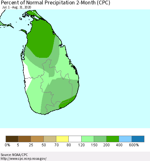 Sri Lanka Percent of Normal Precipitation 2-Month (CPC) Thematic Map For 7/1/2020 - 8/31/2020