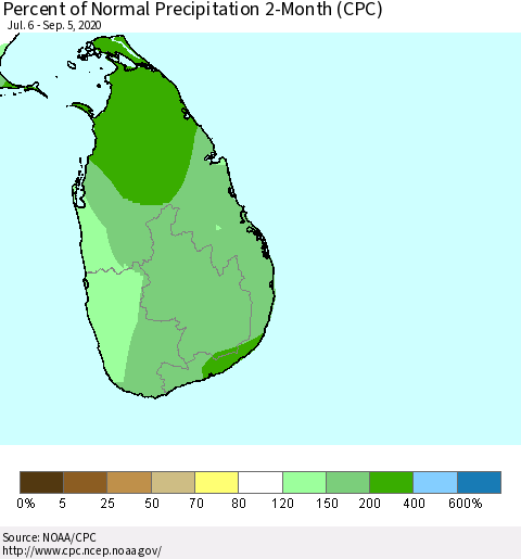 Sri Lanka Percent of Normal Precipitation 2-Month (CPC) Thematic Map For 7/6/2020 - 9/5/2020