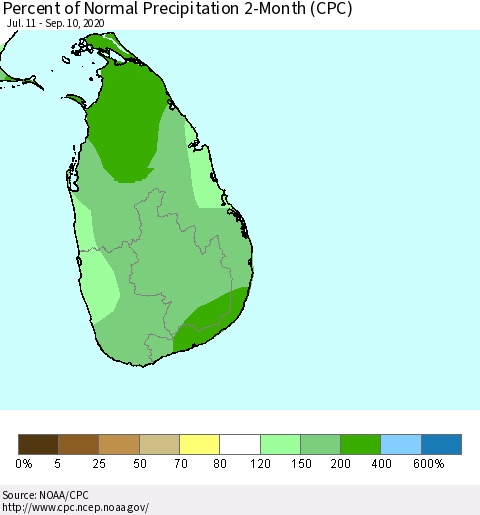 Sri Lanka Percent of Normal Precipitation 2-Month (CPC) Thematic Map For 7/11/2020 - 9/10/2020
