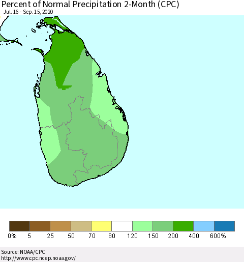 Sri Lanka Percent of Normal Precipitation 2-Month (CPC) Thematic Map For 7/16/2020 - 9/15/2020