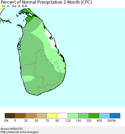 Sri Lanka Percent of Normal Precipitation 2-Month (CPC) Thematic Map For 7/21/2020 - 9/20/2020