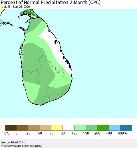 Sri Lanka Percent of Normal Precipitation 2-Month (CPC) Thematic Map For 7/26/2020 - 9/25/2020