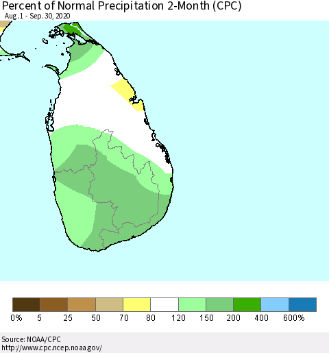 Sri Lanka Percent of Normal Precipitation 2-Month (CPC) Thematic Map For 8/1/2020 - 9/30/2020