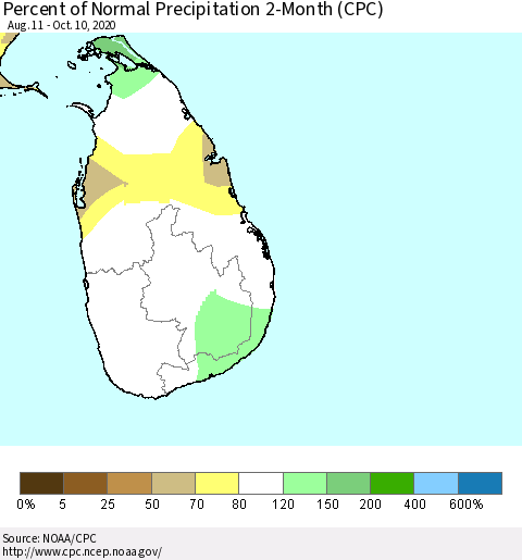 Sri Lanka Percent of Normal Precipitation 2-Month (CPC) Thematic Map For 8/11/2020 - 10/10/2020