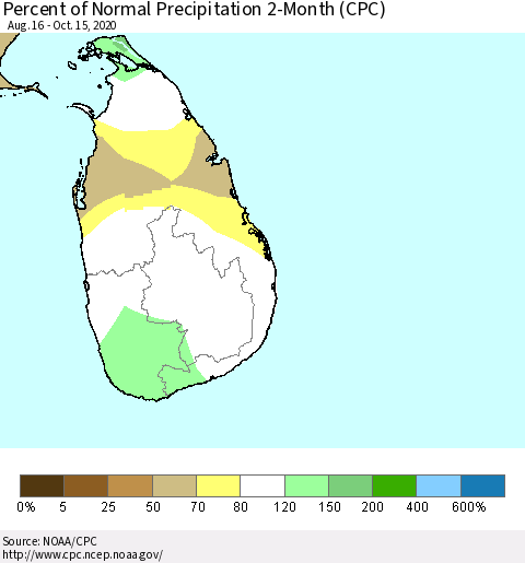 Sri Lanka Percent of Normal Precipitation 2-Month (CPC) Thematic Map For 8/16/2020 - 10/15/2020