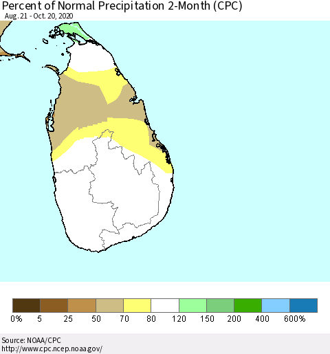 Sri Lanka Percent of Normal Precipitation 2-Month (CPC) Thematic Map For 8/21/2020 - 10/20/2020