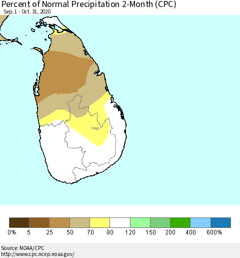 Sri Lanka Percent of Normal Precipitation 2-Month (CPC) Thematic Map For 9/1/2020 - 10/31/2020