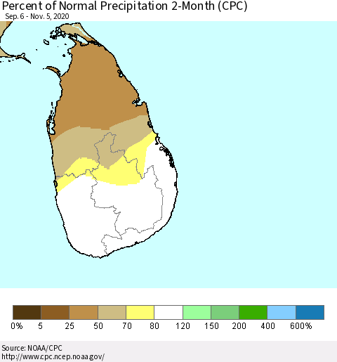 Sri Lanka Percent of Normal Precipitation 2-Month (CPC) Thematic Map For 9/6/2020 - 11/5/2020