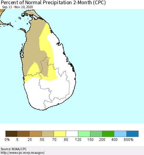 Sri Lanka Percent of Normal Precipitation 2-Month (CPC) Thematic Map For 9/11/2020 - 11/10/2020