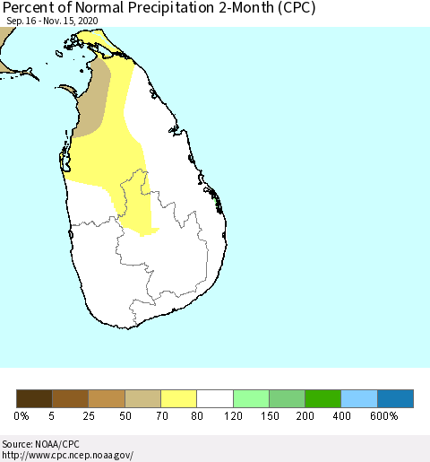 Sri Lanka Percent of Normal Precipitation 2-Month (CPC) Thematic Map For 9/16/2020 - 11/15/2020