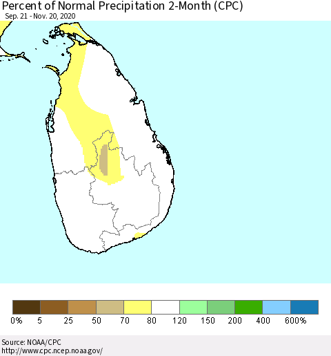 Sri Lanka Percent of Normal Precipitation 2-Month (CPC) Thematic Map For 9/21/2020 - 11/20/2020
