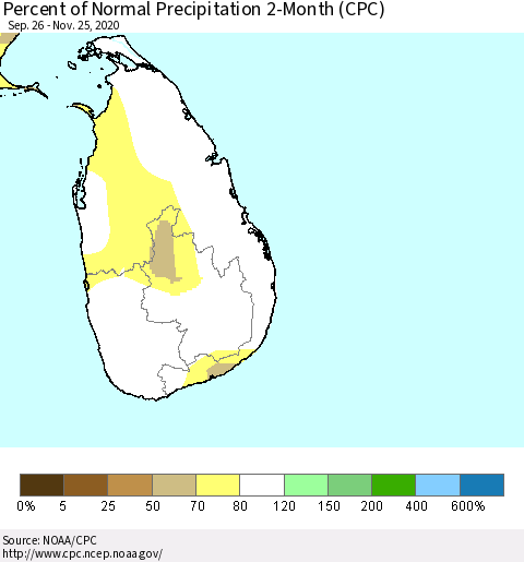 Sri Lanka Percent of Normal Precipitation 2-Month (CPC) Thematic Map For 9/26/2020 - 11/25/2020