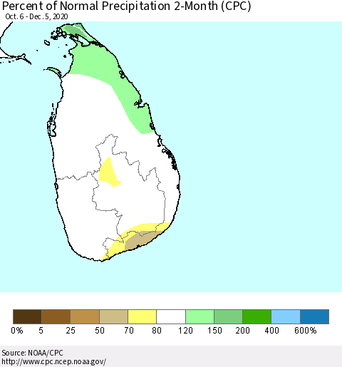 Sri Lanka Percent of Normal Precipitation 2-Month (CPC) Thematic Map For 10/6/2020 - 12/5/2020