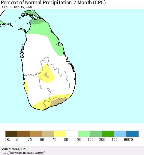 Sri Lanka Percent of Normal Precipitation 2-Month (CPC) Thematic Map For 10/16/2020 - 12/15/2020