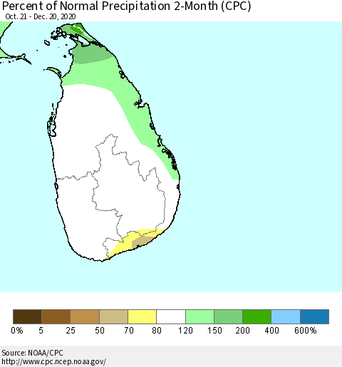 Sri Lanka Percent of Normal Precipitation 2-Month (CPC) Thematic Map For 10/21/2020 - 12/20/2020
