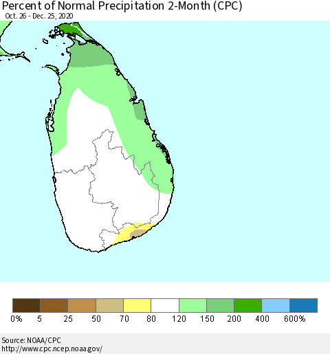 Sri Lanka Percent of Normal Precipitation 2-Month (CPC) Thematic Map For 10/26/2020 - 12/25/2020