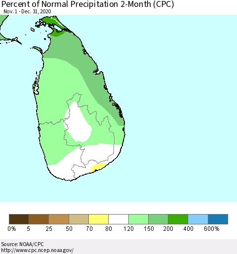 Sri Lanka Percent of Normal Precipitation 2-Month (CPC) Thematic Map For 11/1/2020 - 12/31/2020