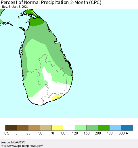 Sri Lanka Percent of Normal Precipitation 2-Month (CPC) Thematic Map For 11/6/2020 - 1/5/2021