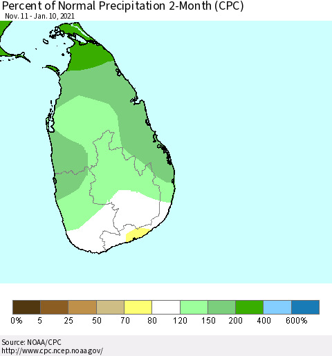 Sri Lanka Percent of Normal Precipitation 2-Month (CPC) Thematic Map For 11/11/2020 - 1/10/2021