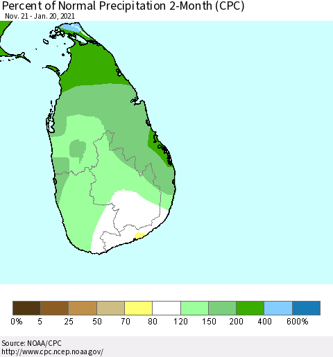 Sri Lanka Percent of Normal Precipitation 2-Month (CPC) Thematic Map For 11/21/2020 - 1/20/2021