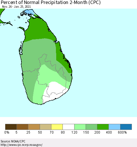 Sri Lanka Percent of Normal Precipitation 2-Month (CPC) Thematic Map For 11/26/2020 - 1/25/2021