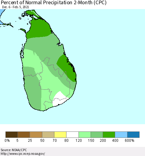 Sri Lanka Percent of Normal Precipitation 2-Month (CPC) Thematic Map For 12/6/2020 - 2/5/2021