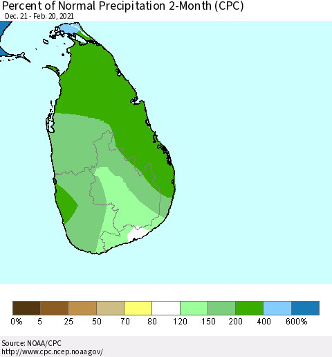 Sri Lanka Percent of Normal Precipitation 2-Month (CPC) Thematic Map For 12/21/2020 - 2/20/2021
