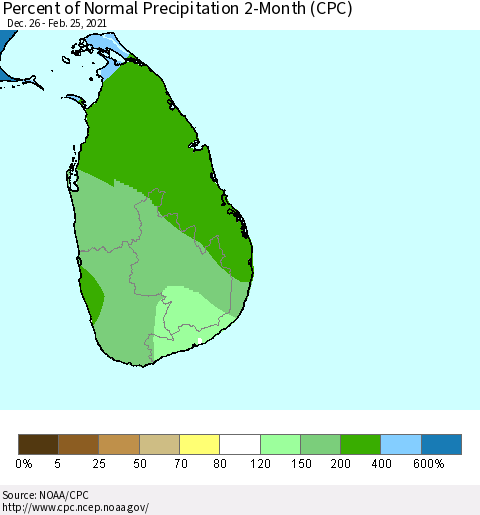 Sri Lanka Percent of Normal Precipitation 2-Month (CPC) Thematic Map For 12/26/2020 - 2/25/2021