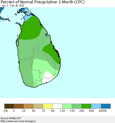 Sri Lanka Percent of Normal Precipitation 2-Month (CPC) Thematic Map For 1/1/2021 - 2/28/2021
