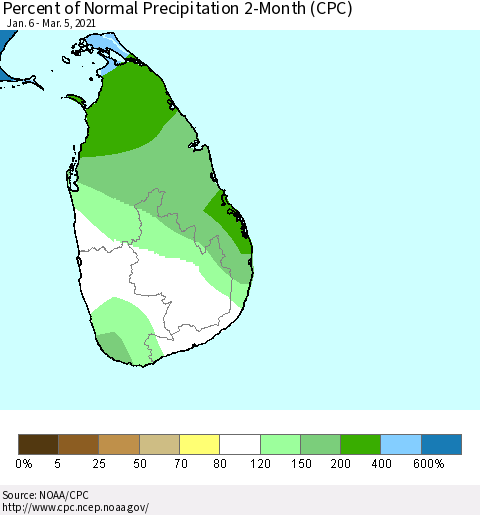 Sri Lanka Percent of Normal Precipitation 2-Month (CPC) Thematic Map For 1/6/2021 - 3/5/2021