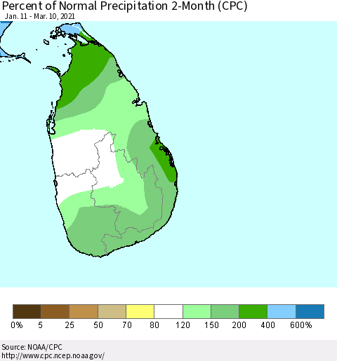 Sri Lanka Percent of Normal Precipitation 2-Month (CPC) Thematic Map For 1/11/2021 - 3/10/2021
