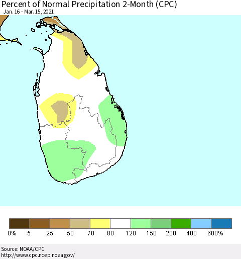 Sri Lanka Percent of Normal Precipitation 2-Month (CPC) Thematic Map For 1/16/2021 - 3/15/2021
