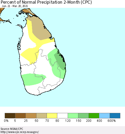 Sri Lanka Percent of Normal Precipitation 2-Month (CPC) Thematic Map For 1/21/2021 - 3/20/2021