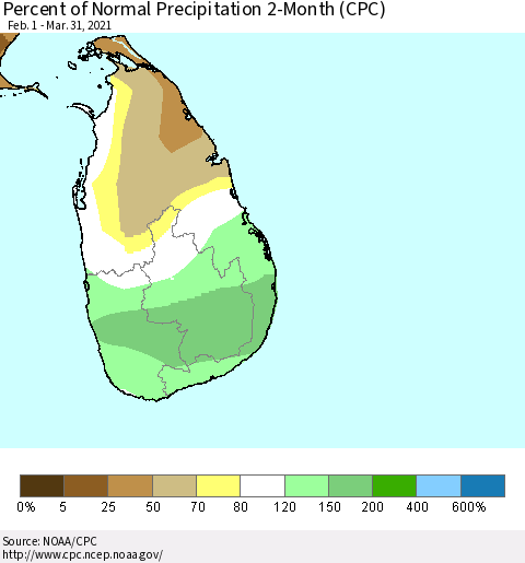 Sri Lanka Percent of Normal Precipitation 2-Month (CPC) Thematic Map For 2/1/2021 - 3/31/2021
