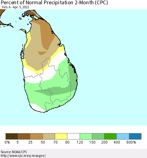 Sri Lanka Percent of Normal Precipitation 2-Month (CPC) Thematic Map For 2/6/2021 - 4/5/2021