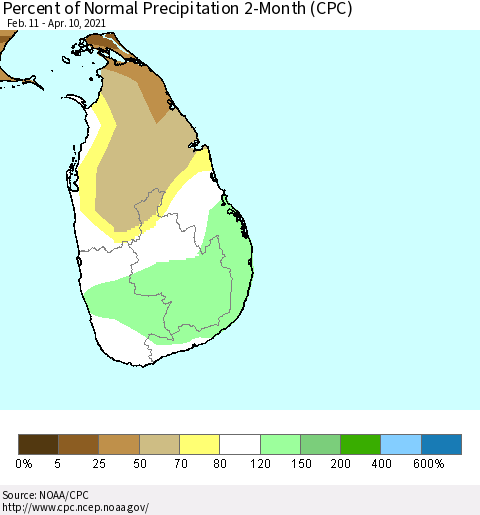 Sri Lanka Percent of Normal Precipitation 2-Month (CPC) Thematic Map For 2/11/2021 - 4/10/2021