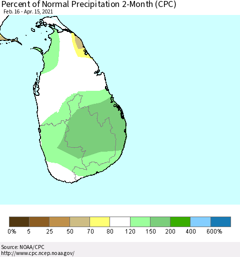 Sri Lanka Percent of Normal Precipitation 2-Month (CPC) Thematic Map For 2/16/2021 - 4/15/2021