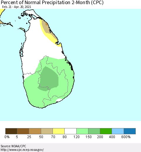 Sri Lanka Percent of Normal Precipitation 2-Month (CPC) Thematic Map For 2/21/2021 - 4/20/2021